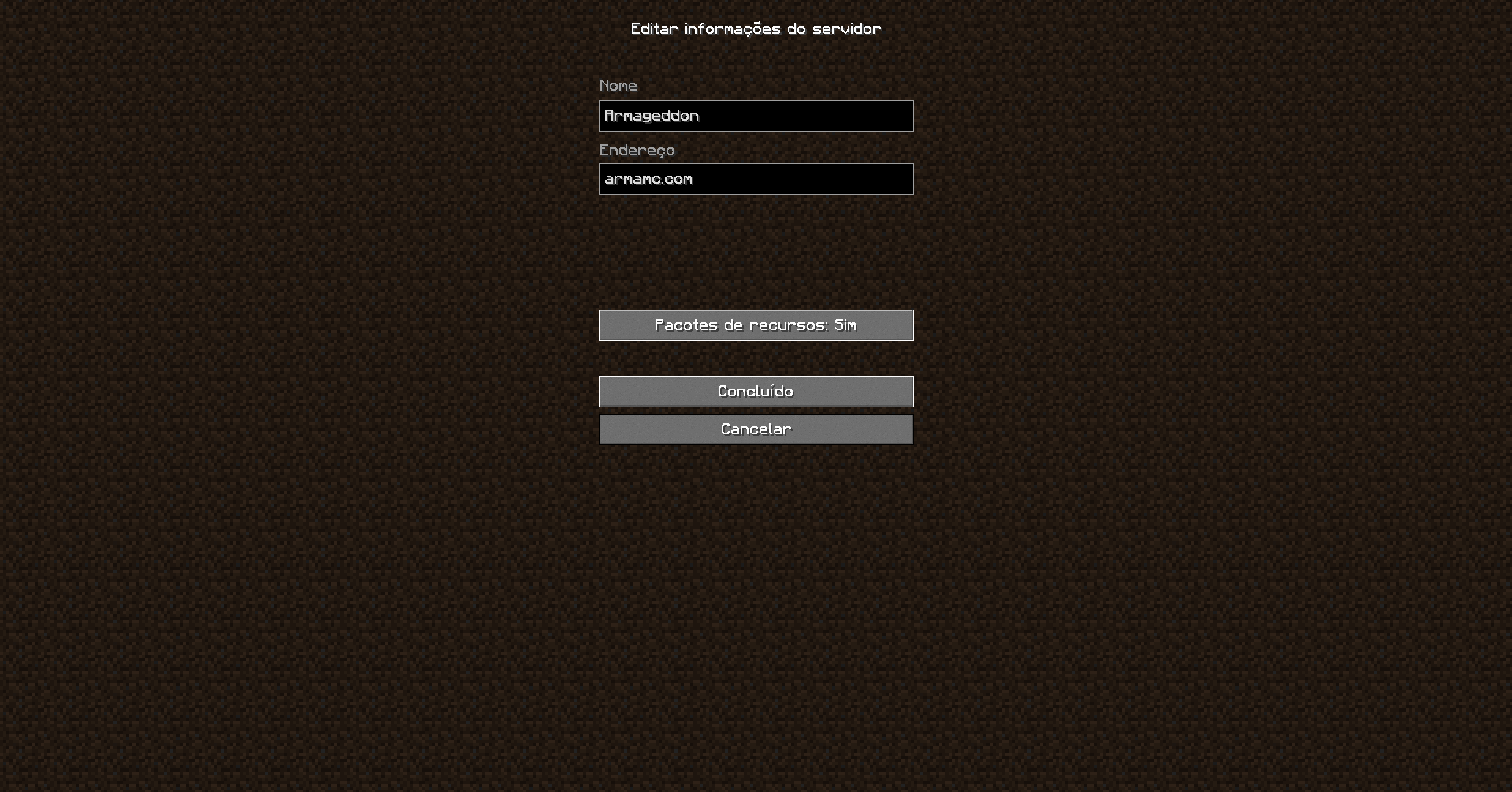 Botão Concluído nas configurações do servidor