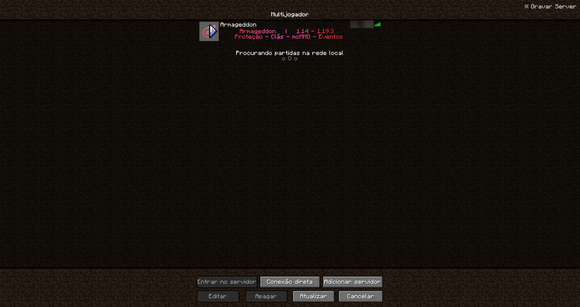 Servidor Armageddon na lista do Minecraft